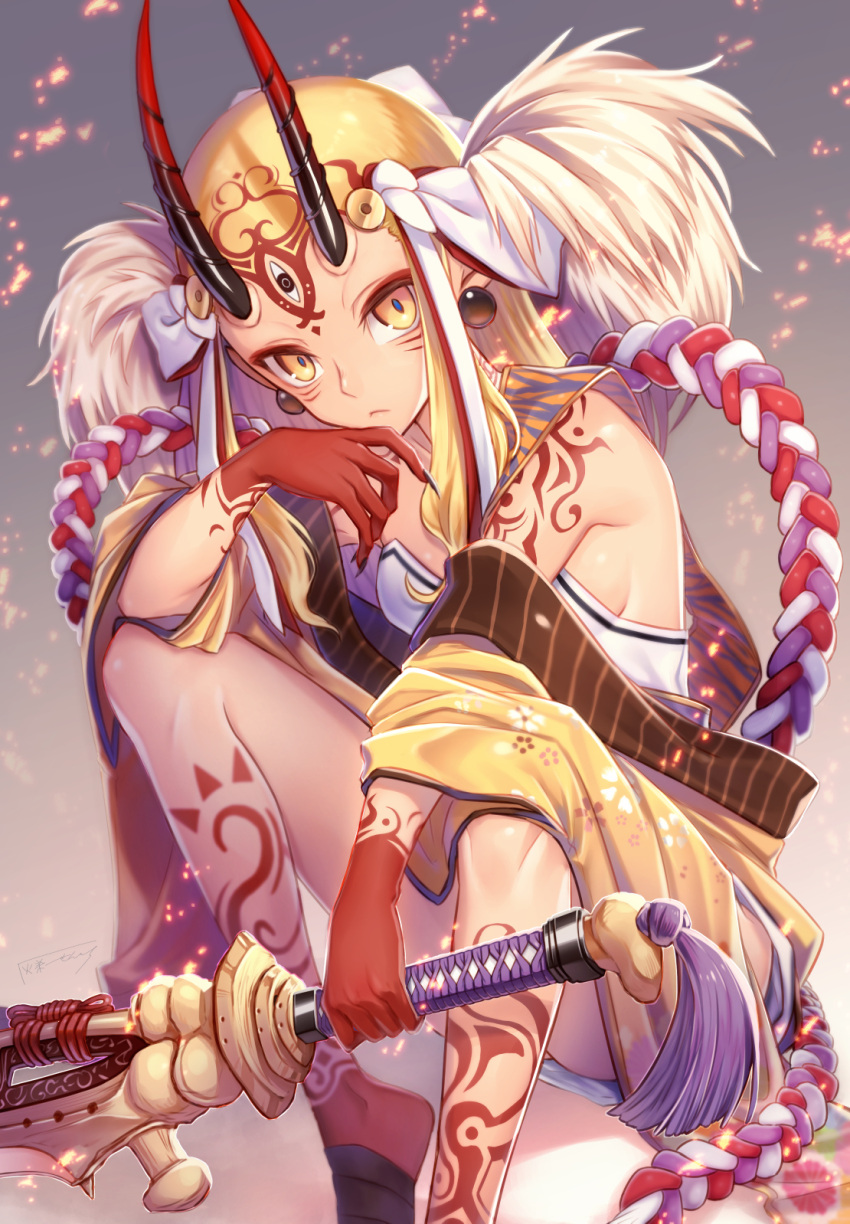 1girl, blonde_hair, breasts, claws, earrings, facial_mark, fate/grand_order, fate_(series)