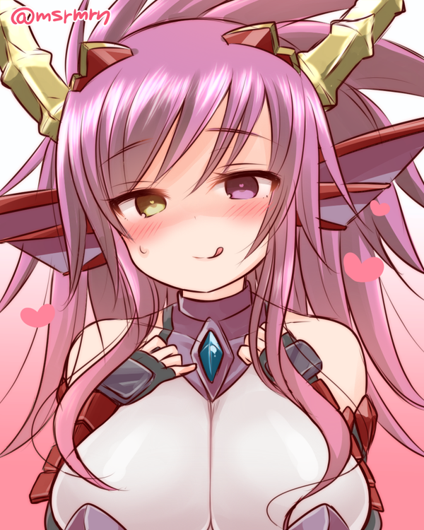 1girl, :q, armor, bangs, bare_shoulders, black_gloves, blush, breast_suppress
