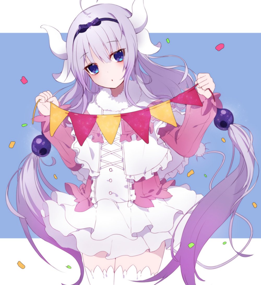 1girl, :o, blue_eyes, ekh, eyebrows_visible_through_hair, hairband, horns, kanna_kamui