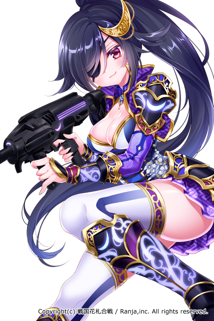 1girl, armor, armored_boots, bangs, black_armor, black_boots, black_hair, boots, breasts, chains, cleavage, closed_mouth, company_name, copyright_name, corset, crescent, crescent_hair_ornament, cropped_jacket, detached_sleeves, eyepatch, faulds, finger_on_trigger, fingernails, flipped_hair, floating_hair, floral_print, gem, glowing, glowing_armor, gun, hair_ornament, high_collar, high_ponytail, holding, holding_gun, holding_weapon, jacket, knee_boots, long_hair, looking_at_viewer, medium_breasts, mitsuba_choco, official_art, one_leg_raised, pink_eyes, pleated_skirt, ponytail, print_skirt, purple_jacket, purple_skirt, sapphire_(stone), sengoku_hanafuda_kassen, shiny, shiny_hair, shiny_skin, shoulder_armor, simple_background, skindentation, skirt, smirk, solo, swept_bangs, thigh-highs, vambraces, very_long_hair, weapon, white_background, white_legwear