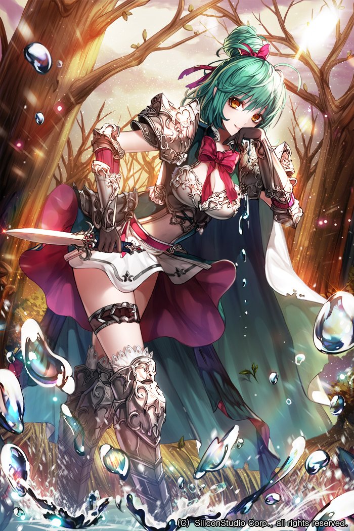 1girl, armor, bow, breasts, character_request, cleavage, copyright_request, dagger
