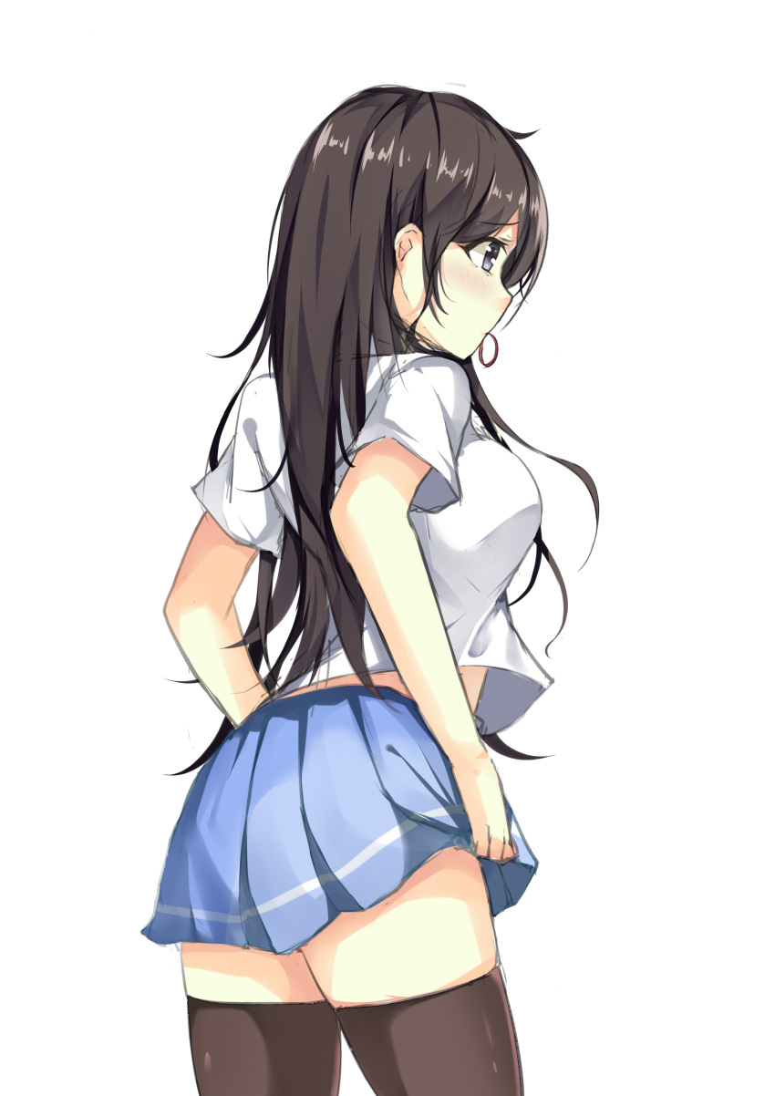 1girl, absurdres, bangs, bantian_yindang, black_legwear, blouse, blue_skirt, blush