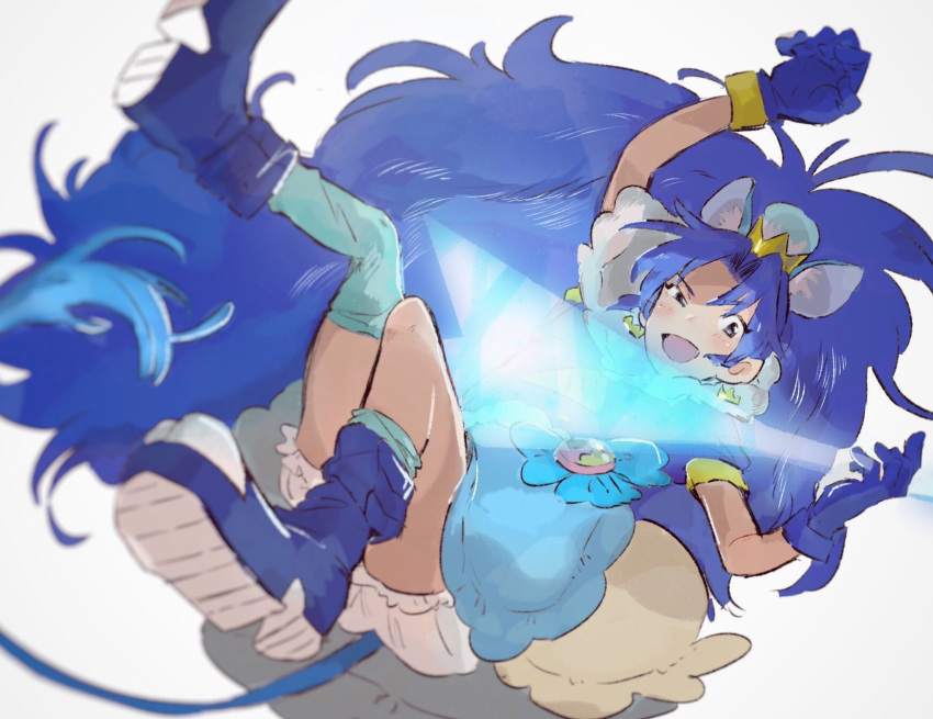 1girl, air_guitar, animal_ears, blue_choker, blue_eyes, blue_gloves, blue_hair, blurry