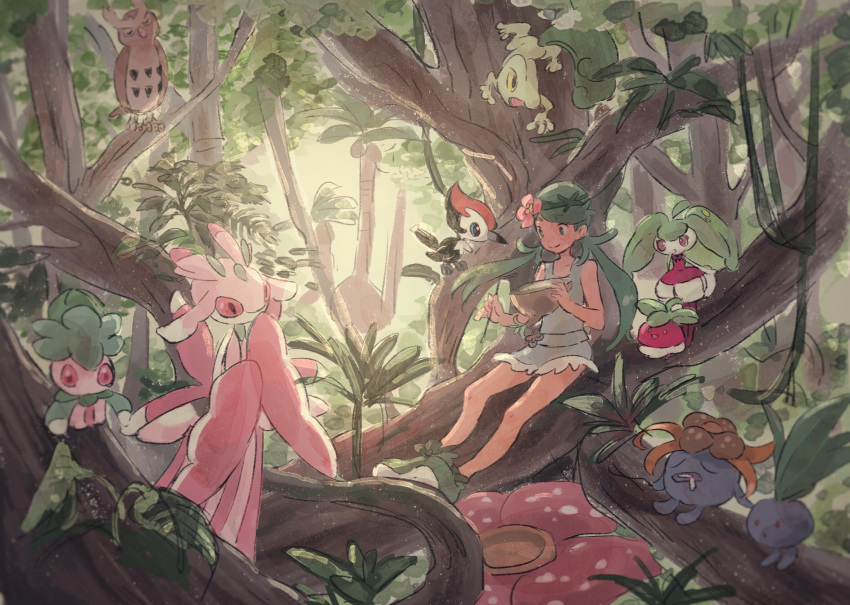 1girl, alolan_exeggutor, bounsweet, dark_skin, day, flower, fomantis, forest