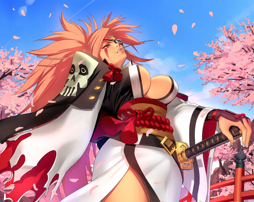 1girl, amputee, baiken, breasts, eyepatch, facial_tattoo, from_below, guilty_gear