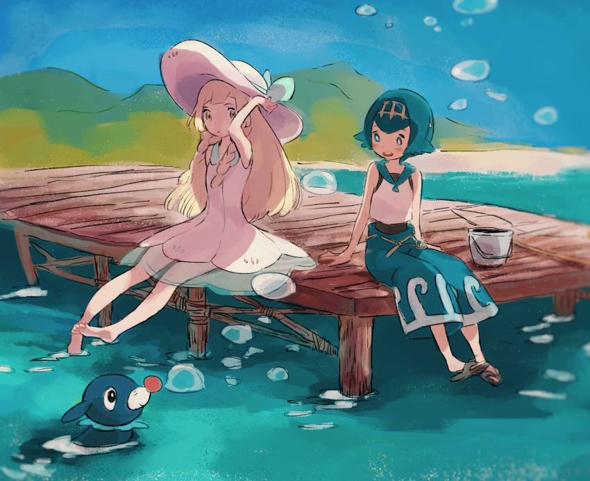 2girls, bangs, barefoot, blonde_hair, blue_eyes, blue_hair, blue_ribbon, blue_sailor_collar, blunt_bangs, blush, braid, bubble, bucket, capri_pants, collared_dress, day, dock, dress, green_eyes, hairband, hat, hat_ribbon, highres, kebe6p, lillie_(pokemon), long_hair, mountain, multiple_girls, open_mouth, outdoors, pants, pier, pokemon, pokemon_(creature), pokemon_(game), pokemon_sm, popplio, ribbon, sandals, scenery, seaside, see-through, shirt, short_hair, sitting, sleeveless, sleeveless_dress, smile, soaking_feet, suiren_(pokemon), sun_hat, sundress, swimsuit, swimsuit_under_clothes, trial_captain, twin_braids, water, white_dress, white_hat