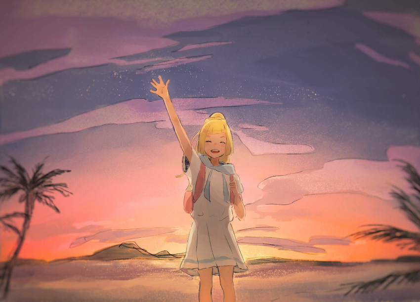 1girl, backpack, bag, beach, blonde_hair, blush, braid, closed_eyes