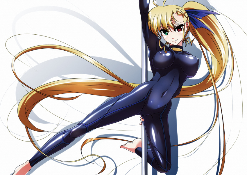 1girl, barefoot, blonde_hair, bodysuit, breasts, breasts_apart, covered_navel, erect_nipples