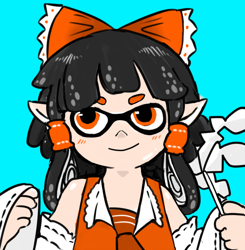 1girl, blue_background, bow, cosplay, detached_sleeves, domino_mask, eyebrows, gohei
