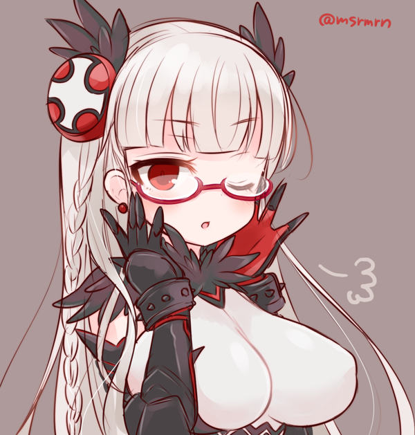 1girl, ;o, =3, \||/, adjusting_glasses, arms_up, bangs, bespectacled, blunt_bangs, braid, breasts, dark_valkyrie_(p&amp;d), dot_nose, dress, earrings, erect_nipples, eyebrows_visible_through_hair, eyelashes, eyes_visible_through_hair, fantasy, feathers, gauntlets, glasses, grey_background, half-closed_eye, halterneck, head_feathers, headgear, impossible_clothes, impossible_dress, jewelry, large_breasts, long_hair, looking_at_viewer, marshmallow_mille, one_eye_closed, open_mouth, puzzle_&amp;_dragons, raised_eyebrows, red-framed_eyewear, red_eyes, revision, semi-rimless_glasses, simple_background, sketch, solo, spikes, stud_earrings, twin_braids, twitter_username, under-rim_glasses, valkyrie_(p&amp;d), white_hair