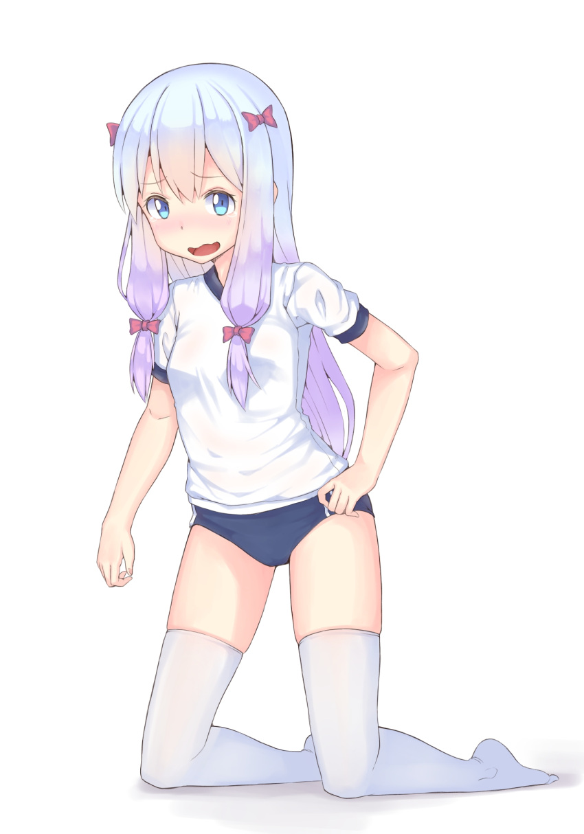 1girl, blue_eyes, bow, buruma, eromanga_sensei, error, gogongzid, gym_shirt