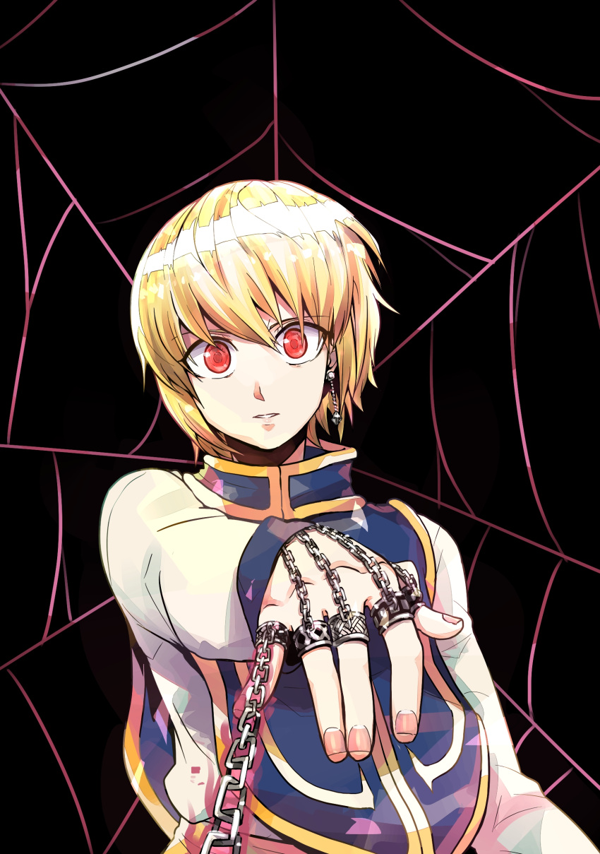 1boy, absurdres, androgynous, blonde_hair, chains, dia_(yvirus68), earrings, highres, hunter_x_hunter, jewelry, kurapika, looking_at_viewer, male_focus, parted_lips, red_eyes, solo, spider_web_background
