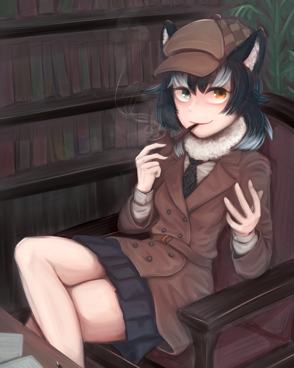 1girl, animal_ears, black_hair, blue_eyes, book, breasts, fur_collar, gloves
