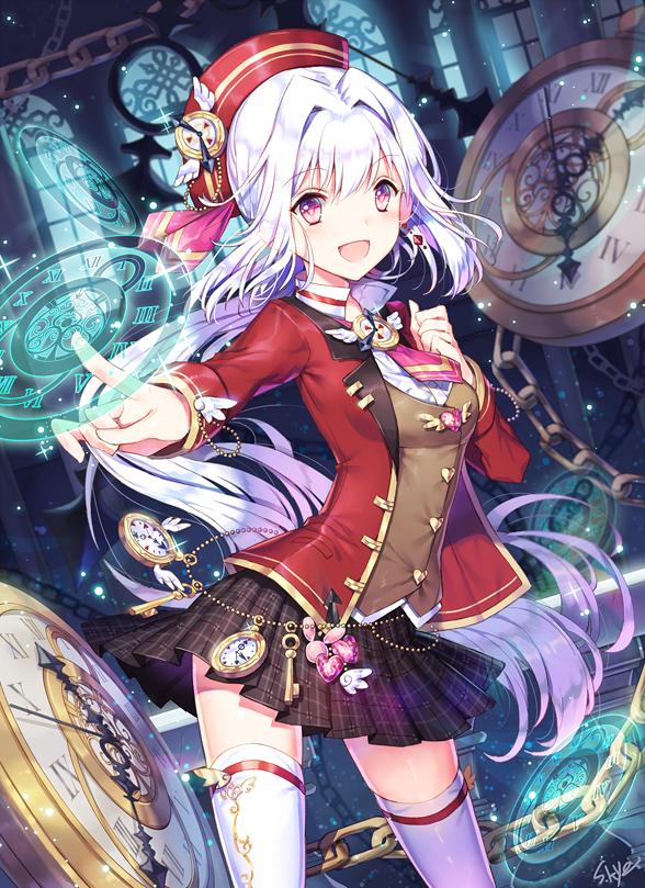 1girl, :d, black_skirt, clock, eyebrows_visible_through_hair, fingerless_gloves, floating_hair, gloves