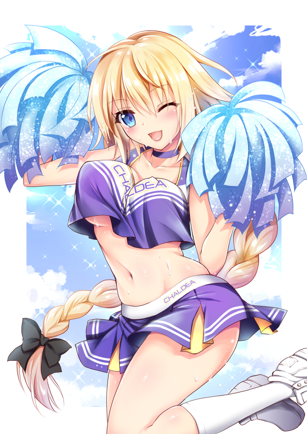 1girl, ;d, ahoge, arm_up, bangs, bare_shoulders, black_ribbon, blonde_hair