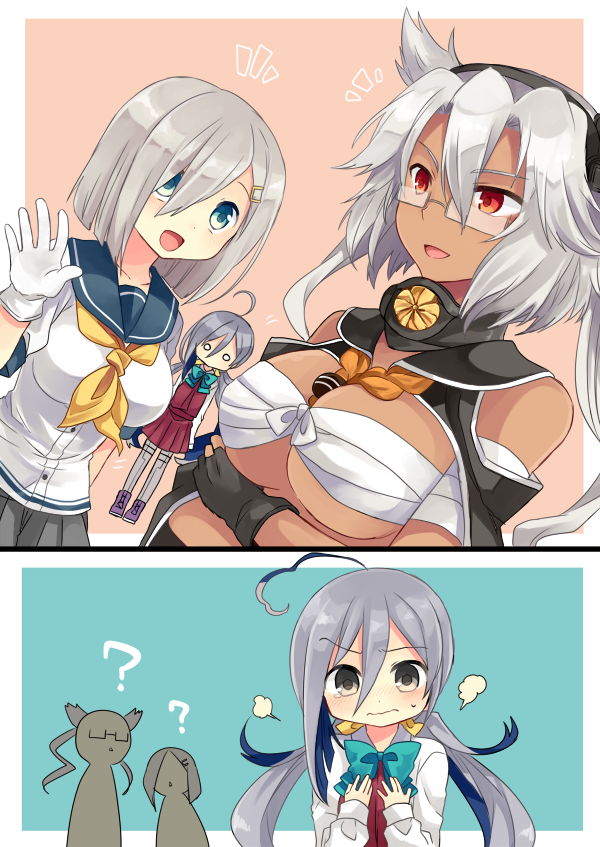 2koma, 3girls, :d, ?, ahoge, bare_shoulders, between_breasts, blue_background