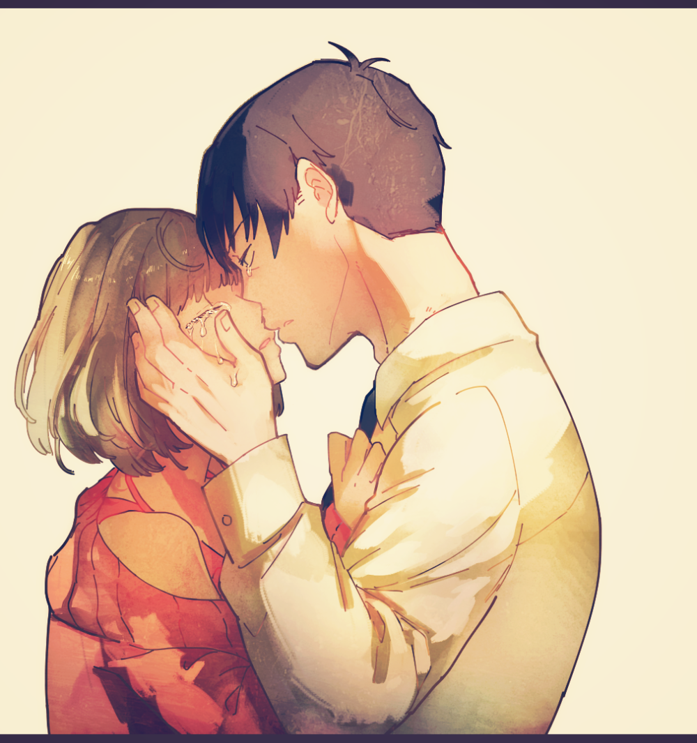 1boy, 1girl, bare_shoulders, black_hair, brown_hair, business_suit, closed_eyes, crashtv