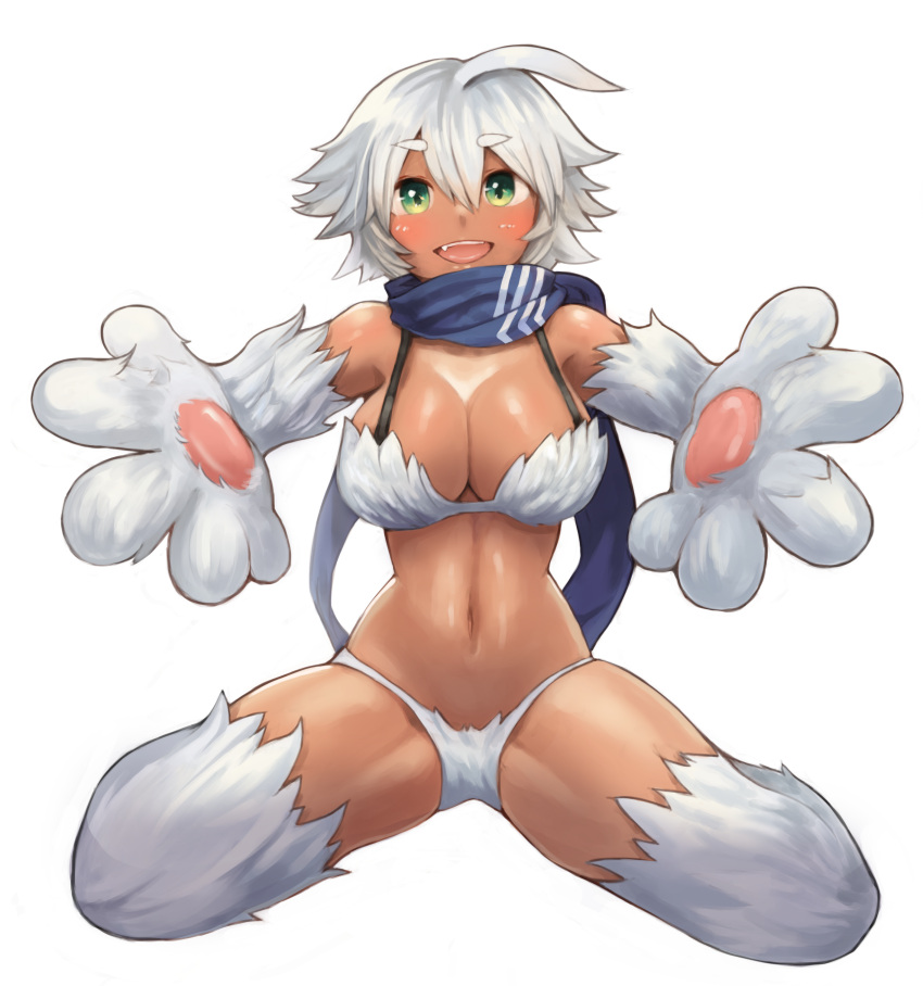 1girl, :d, absurdres, ahoge, bare_shoulders, blue_scarf, blush, breasts, cleavage, dark_skin, eyebrows_visible_through_hair, fang, foreshortening, full_body, fur, fur_bikini, green_eyes, highres, incoming_hug, large_breasts, looking_at_viewer, monster_girl, monster_girl_encyclopedia, navel, open_mouth, outstretched_arms, paws, scarf, shiny, shiny_skin, short_hair, simple_background, smile, solo, sookmo, spread_legs, thick_eyebrows, white_background, white_fur, white_hair, yeti_(monster_girl_encyclopedia)