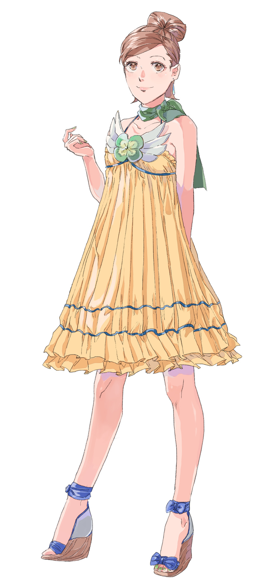 1girl, absurdres, bare_shoulders, blush, brown_eyes, brown_hair, dress, full_body