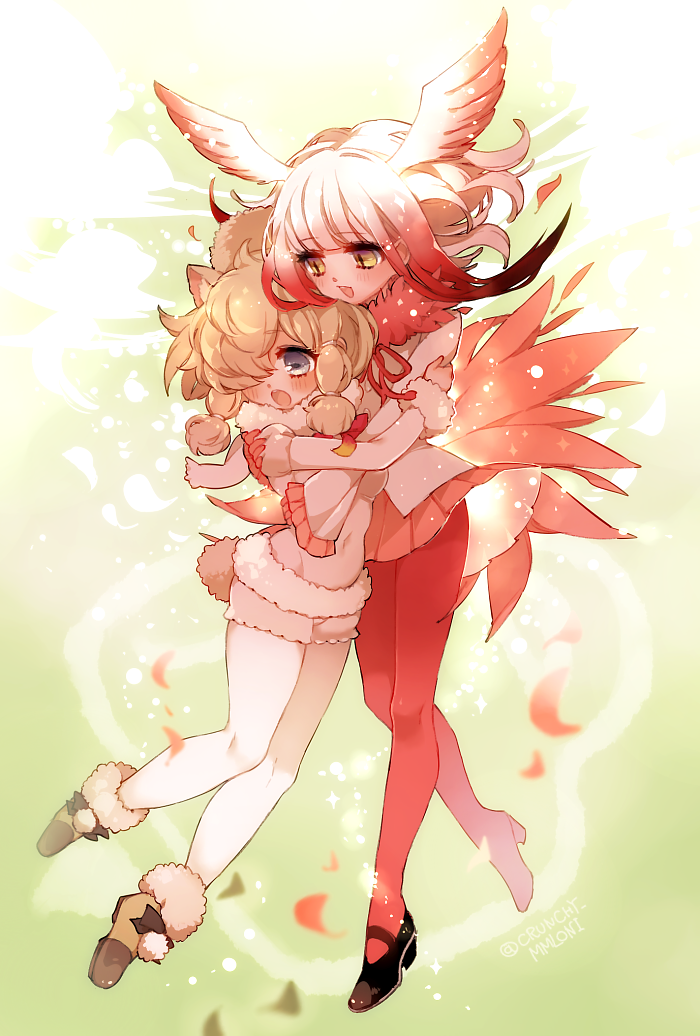 2girls, :d, alpaca_ears, alpaca_suri_(kemono_friends), alpaca_tail, animal_ears, ankle_boots, bangs