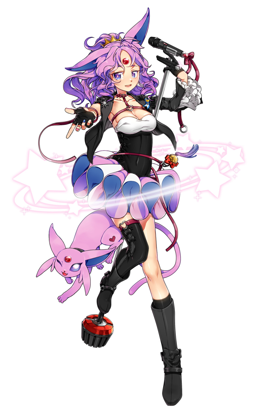 1girl, ;d, animal_ears, asymmetrical_clothes, black_boots, black_gloves, black_legwear, blue_nails, boots, breasts, cleavage, collarbone, crown, dh_(14537547), espeon, facial_mark, forehead_mark, full_body, gloves, hair_ornament, highres, long_hair, looking_at_viewer, microphone, microphone_stand, nail_polish, one_eye_closed, open_mouth, personification, pink_nails, pokemon, pokemon_(creature), purple_hair, single_thighhigh, smile, star, thigh-highs, violet_eyes