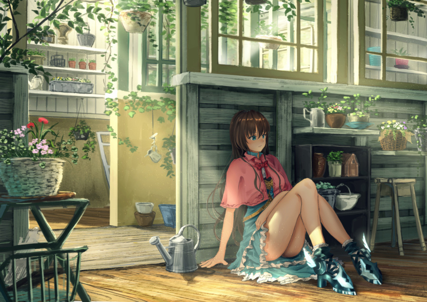 1girl, :/, bangs, bare_legs, basket, birdhouse, blue_eyes, blue_legwear