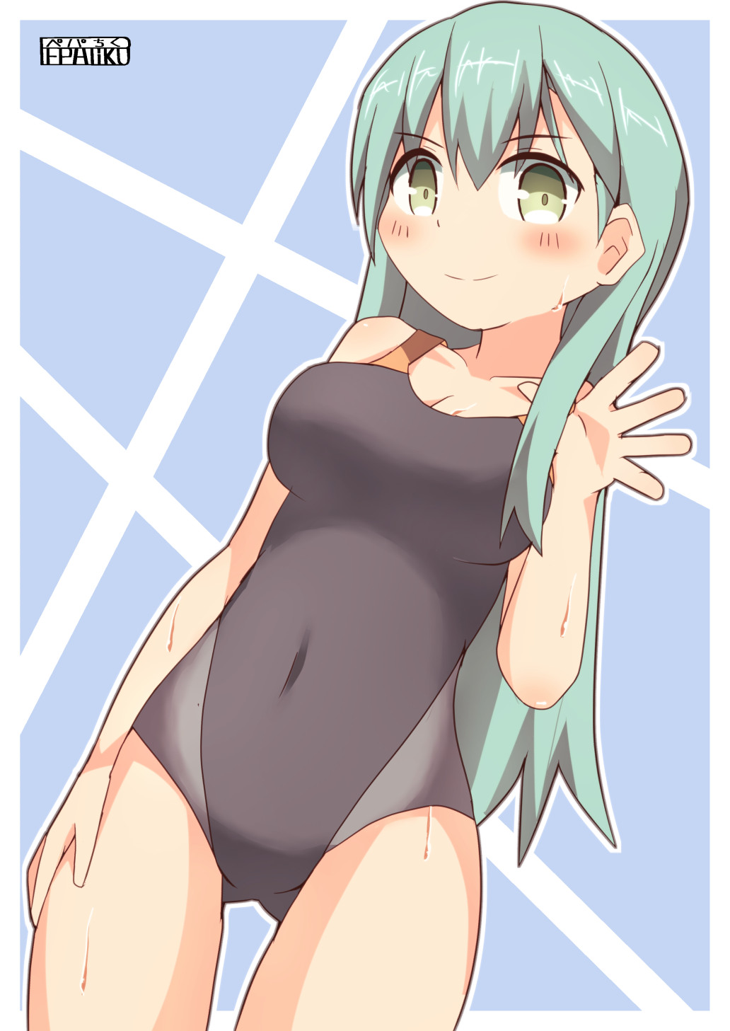 1girl, aqua_eyes, aqua_hair, blush, breasts, cleavage, competition_swimsuit, covered_navel