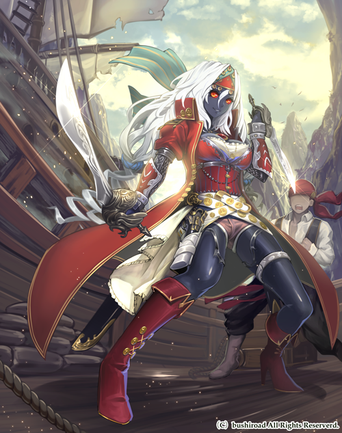 1girl, bandanna, belt, bird, black_skin, boots, breasts, cardfight!!_vanguard, cleavage, clouds, cloudy_sky, company_name, curly_hair, dagger, faceless, faceless_male, full_body, gun, headband, kazto_furuya, long_hair, maltreat_shade, official_art, orange_eyes, pirate, red_sclera, rock, ship, sky, solo, sword, teeth, thigh-highs, watercraft, weapon, white_hair