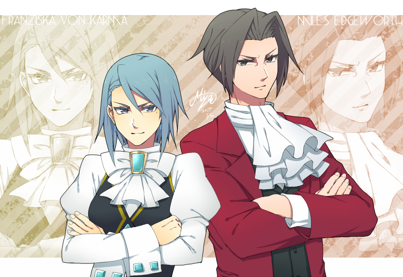 1boy, 1girl, blue_eyes, blue_hair, brooch, cravat, crossed_arms, earrings