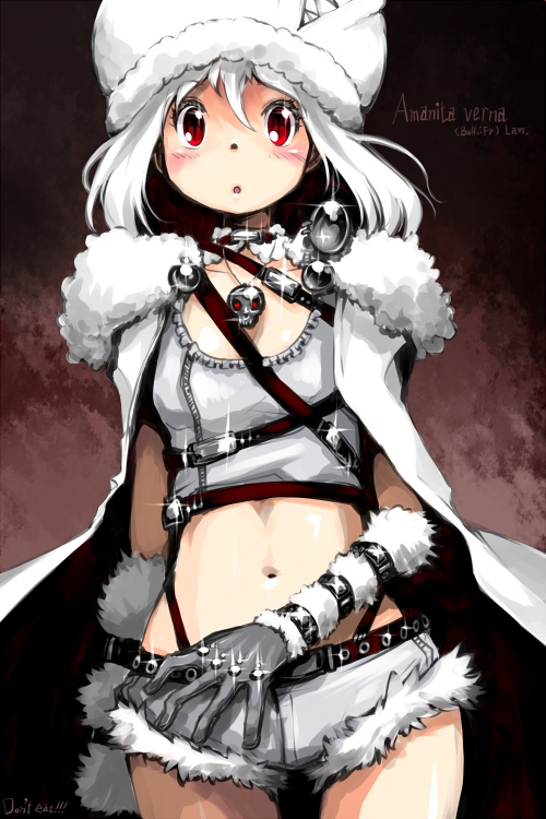amanita_verna, belt, cape, elbow_gloves, gloves, hat, jewelry, midriff, mushroom, necklace, original, oso, oso_(toolate), personification, red_eyes, short_hair, shorts, skull, white_hair