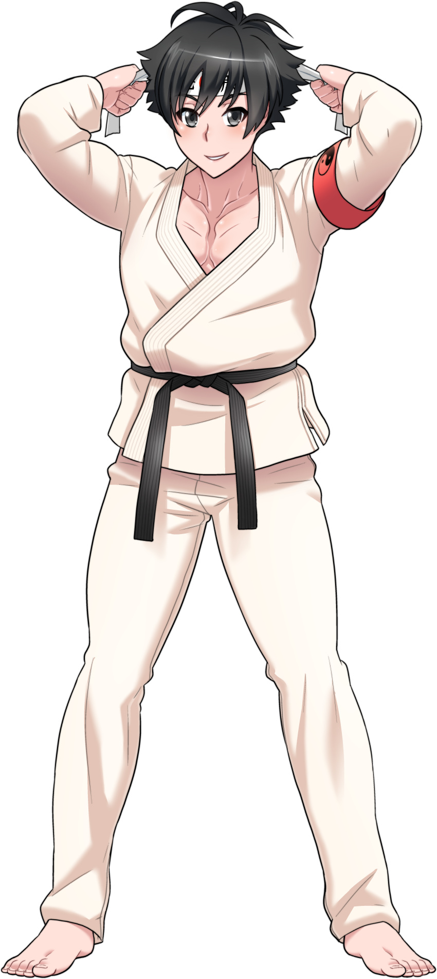 1boy, absurdres, armband, barefoot, belt, black_hair, budo_masuta, dougi, full_body, grey_eyes, headband, highres, kjech, light_smile, looking_at_viewer, male_focus, official_art, pectorals, short_hair, smile, solo, tying_headband, yandere_simulator