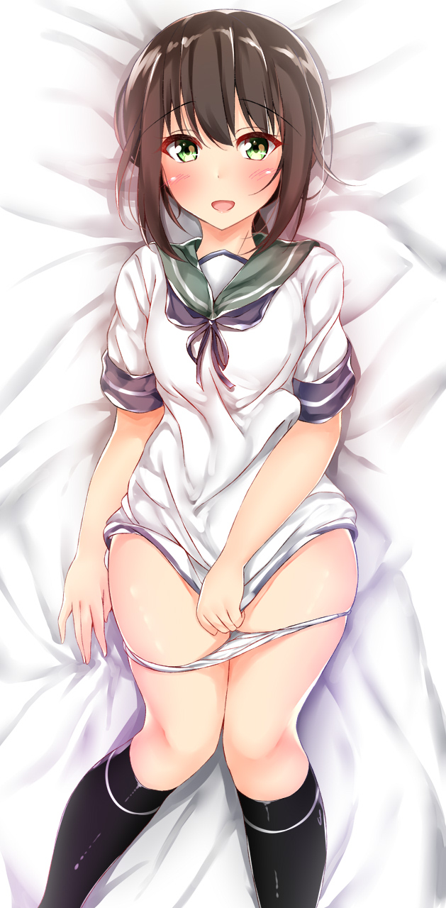 1girl, :d, bed_sheet, black_legwear, brown_hair, eyebrows_visible_through_hair, fubuki_(kantai_collection), green_eyes, hair_between_eyes, highres, kantai_collection, kneehighs, no_pants, open_mouth, panties, pikatchi, sailor_collar, school_uniform, serafuku, short_hair, short_sleeves, smile, solo, underwear, white_panties