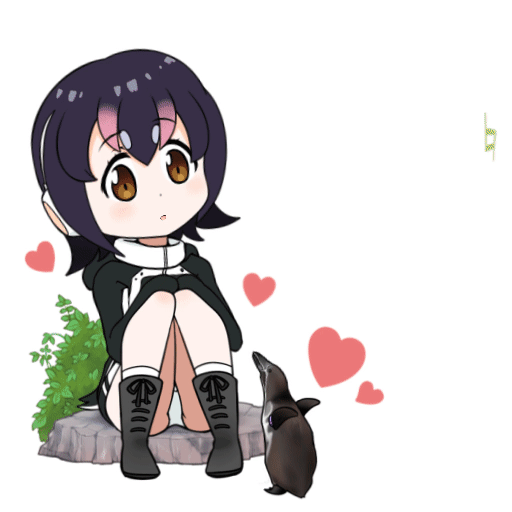 animated, animated_gif, blush, boots, bush, grape-kun, happy, headphones, heart, humboldt_penguin, humboldt_penguin_(kemono_friends), jacket, kemono_friends, leotard_under_clothes, multicolored_hair, musical_note, nekota_susumu, penguin_tail, simple_background, sitting, smile, streaked_hair, swaying, white_background
