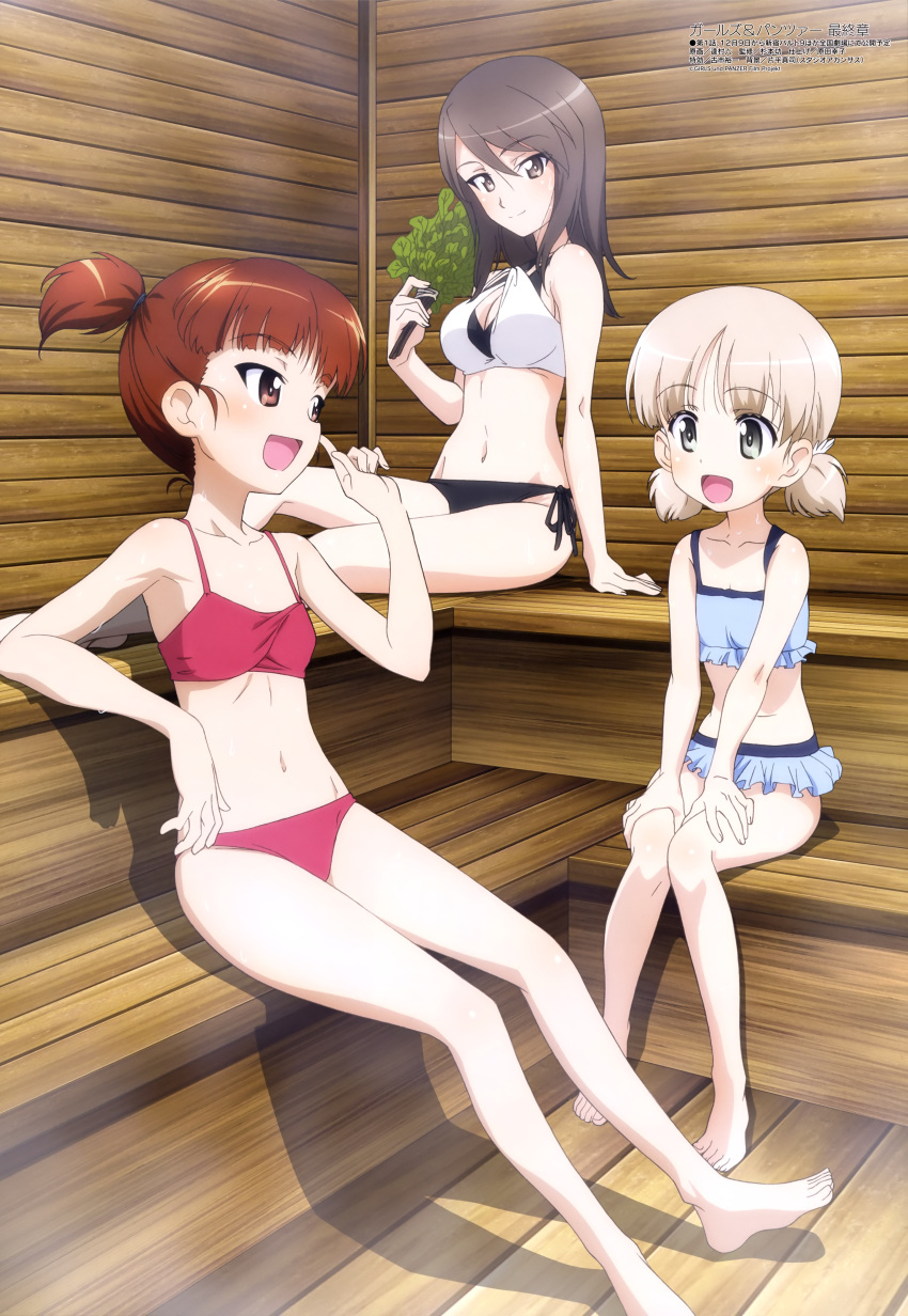 3girls, :d, absurdres, aki_(girls_und_panzer), bare_shoulders, barefoot, bikini, blonde_hair