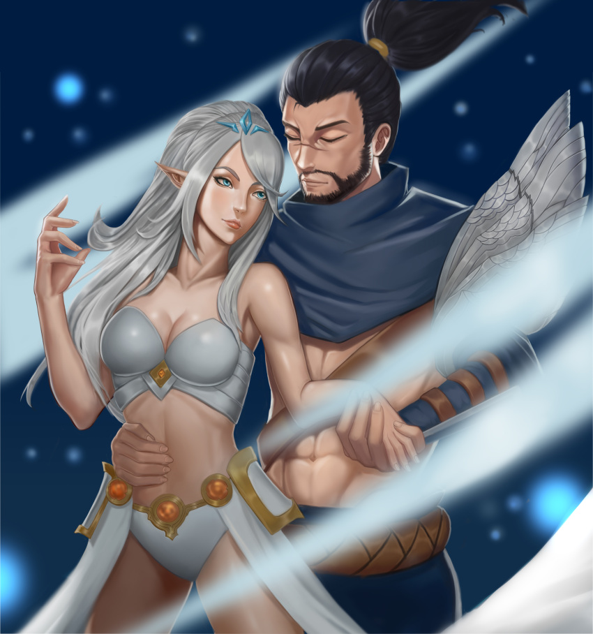 1boy, 1girl, abs, absurdres, black_hair, blue_eyes, capelet, closed_eyes