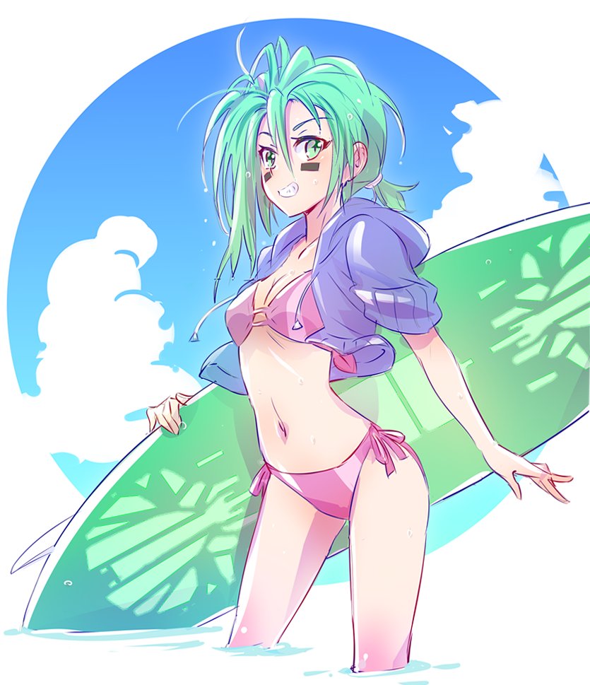 1girl, bikini, blue_sky, clouds, cloudy_sky, commentary_request, cyan_eyes, facial_mark