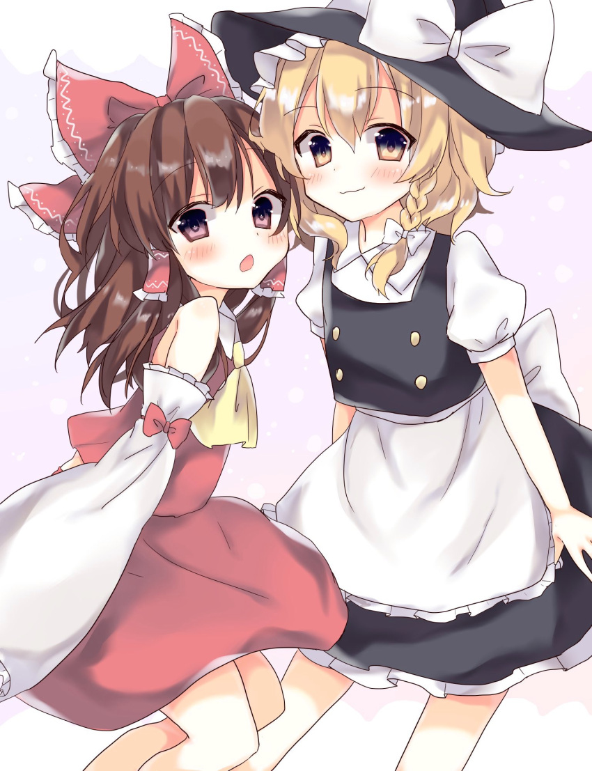 2girls, :3, :o, apron, bare_shoulders, blonde_hair, blush, bow, braid, brown_hair, cheek-to-cheek, collared_shirt, commentary, detached_sleeves, flat_chest, hair_bow, hair_tubes, hakurei_reimu, hat, highres, kirisame_marisa, long_hair, looking_at_viewer, multiple_girls, puffy_short_sleeves, puffy_sleeves, rbtt, red_eyes, shirt, short_sleeves, side_braid, single_braid, skirt, skirt_set, smile, touhou, waist_apron, witch_hat, yellow_eyes