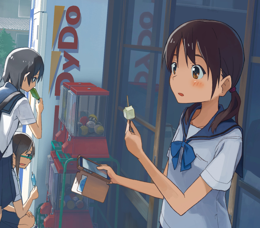 3girls, bangs, black_hair, blue_eyes, blush, brown_eyes, brown_hair, cellphone