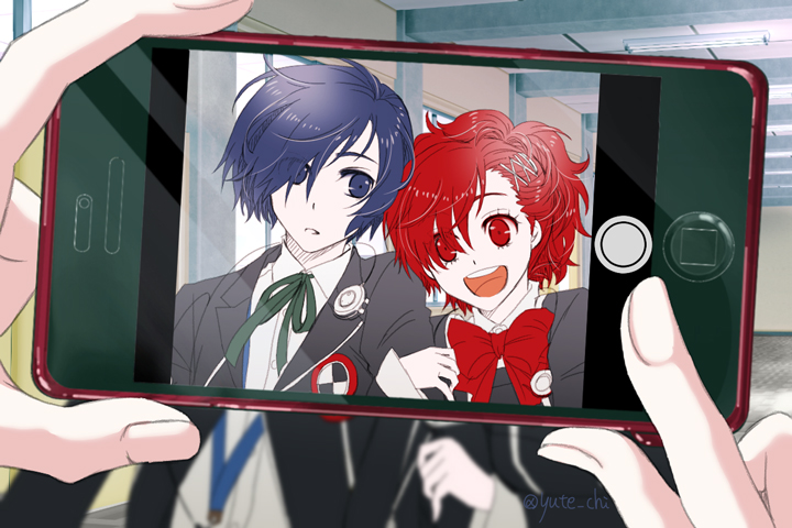 1boy, 1girl, atlus, blue_eyes, blue_hair, cellphone, cellphone_camera, female_protagonist_(persona_3), hair_ornament, megami_tensei, persona, persona_3, persona_3_portable, phone, protagonist_(persona_3), red_eyes, redhead, ribbon, school_uniform, shin_megami_tensei, shiomi_kotone, smile, yuuki_makoto