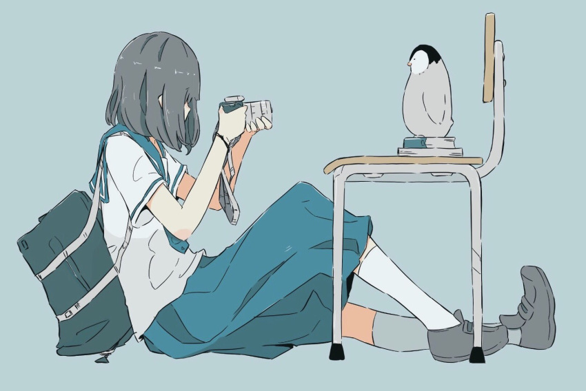 1girl, bag, bird, camera, chair, daisukirichard, highres, original