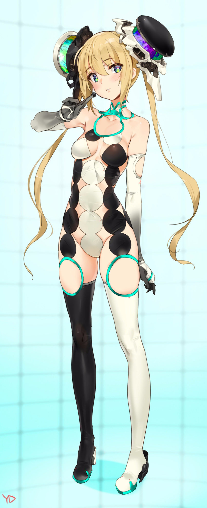 1girl, absurdres, alpha_go, alphago, arm_up, asymmetrical_legwear, blonde_hair, blue_eyes
