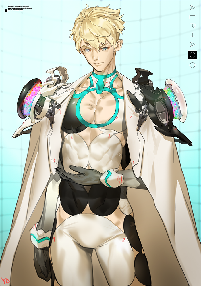 1boy, alpha_go, alphago, black_gloves, blonde_hair, blue_eyes, bodysuit, cape