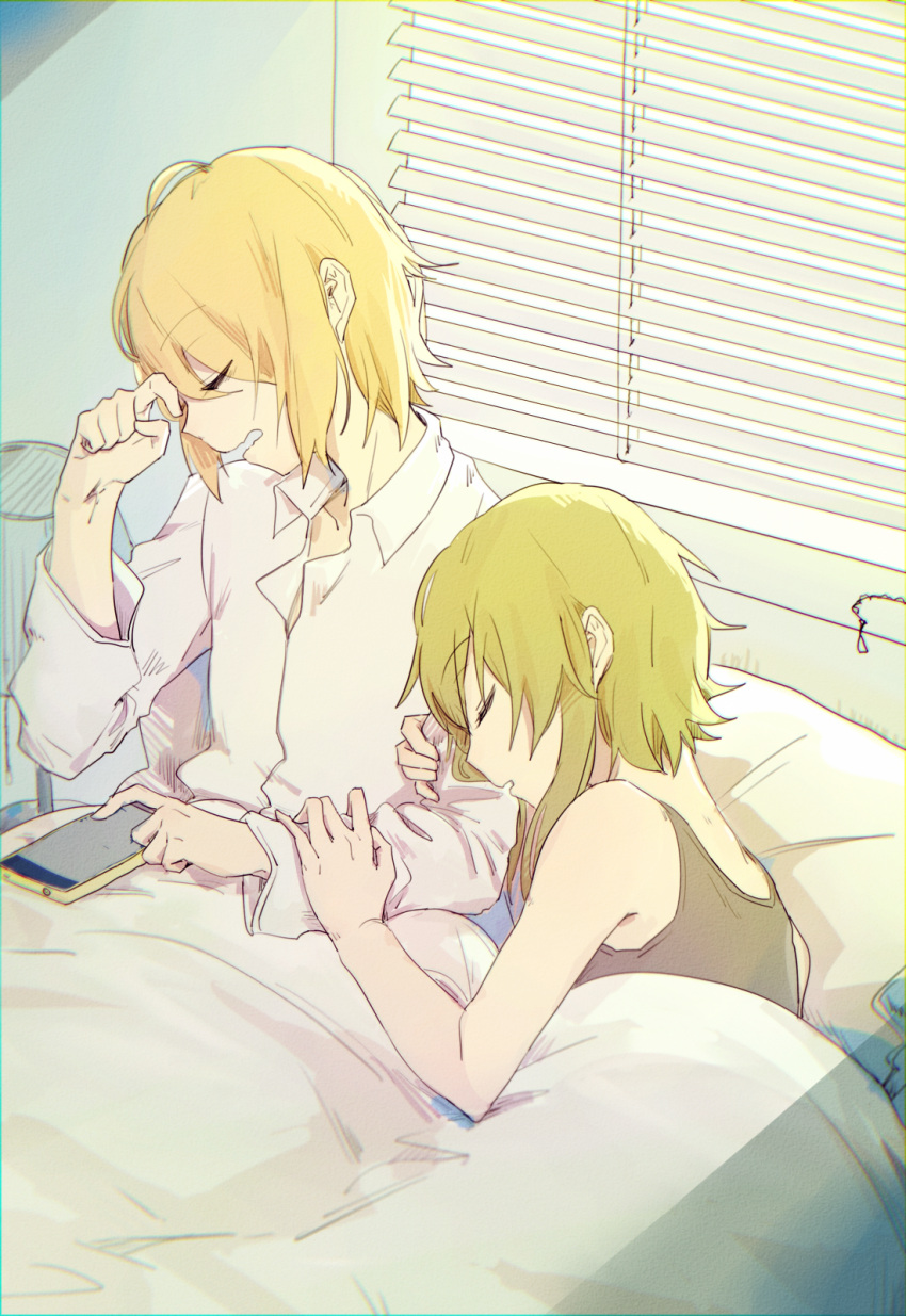 2girls, _ul, bed, bed_sheet, blonde_hair, cellphone, closed_eyes, eyebrows_visible_through_hair