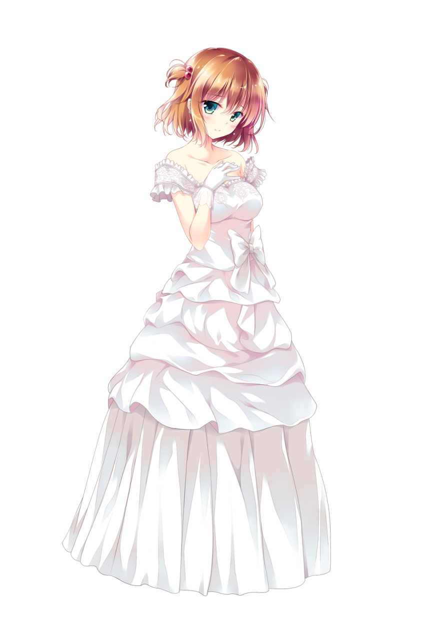 1girl, aqua_eyes, bangs, bare_shoulders, breasts, brown_hair, collarbone, dress, earrings, eyebrows_visible_through_hair, full_body, gloves, golden_marriage, hair_ornament, hayakawa_harui, highres, jewelry, looking_at_viewer, medium_breasts, official_art, short_hair, smile, solo, standing, strapless, strapless_dress, tange_kasumi, transparent_background, white_dress, white_gloves