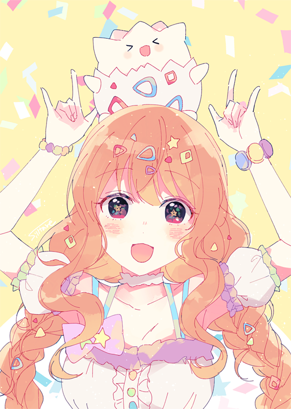 1girl, :d, \m/, bow, bracelet, braid, breasts, choker, confetti, crossover, detached_sleeves, hair_ornament, hairclip, idolmaster, idolmaster_cinderella_girls, jewelry, moroboshi_kirari, open_mouth, pokemon, pokemon_(creature), silltare, smile, solo, strap, symbol-shaped_pupils, togepi, twin_braids, upper_body, yellow_background