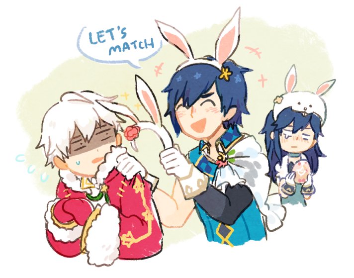 1girl, 2boys, animal_ears, blue_eyes, blue_hair, bunny_girl, bunny_tail, bunnysuit