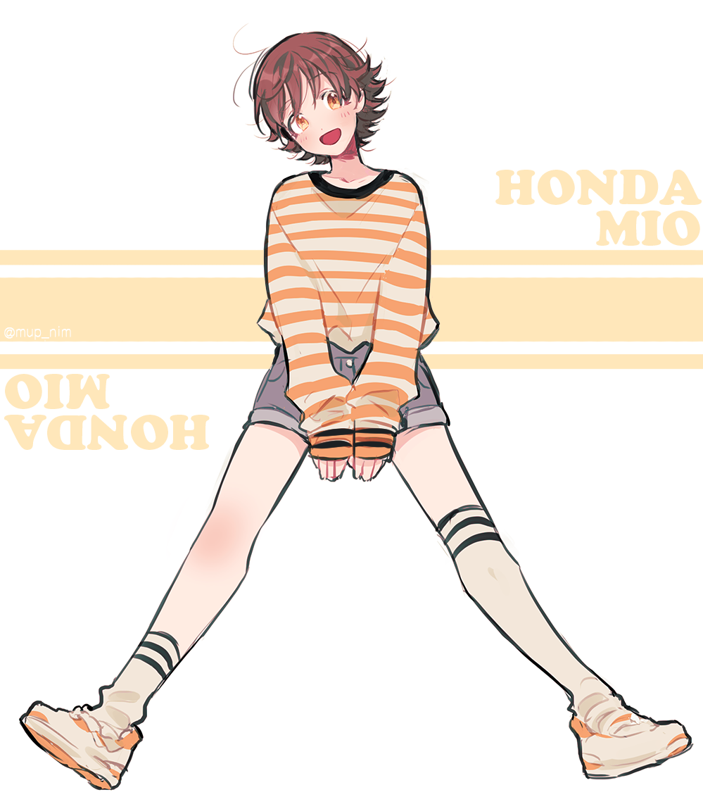 1girl, :d, blush, brown_hair, character_name, full_body, honda_mio, idolmaster