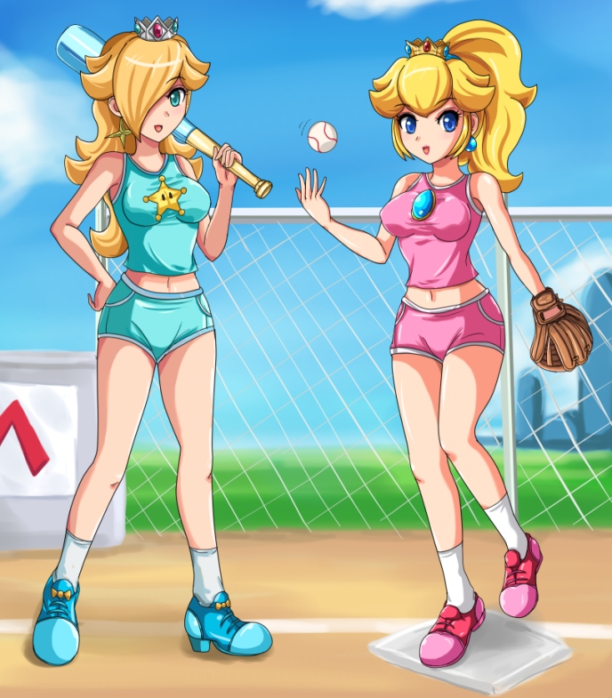 2girls, ball, baseball, baseball_bat, baseball_glove, blonde_hair, blue_eyes, crown, green_eyes, hair_over_one_eye, nintendo, ponytail, princess_peach, rosalina, shorts, sigurdhosenfeld, smile, socks, sports, sportswear, super_mario_bros., super_mario_galaxy, trainers