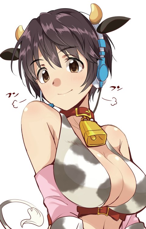 1girl, =3, animal_ears, animal_print, bangs, bell, bell_collar, belt
