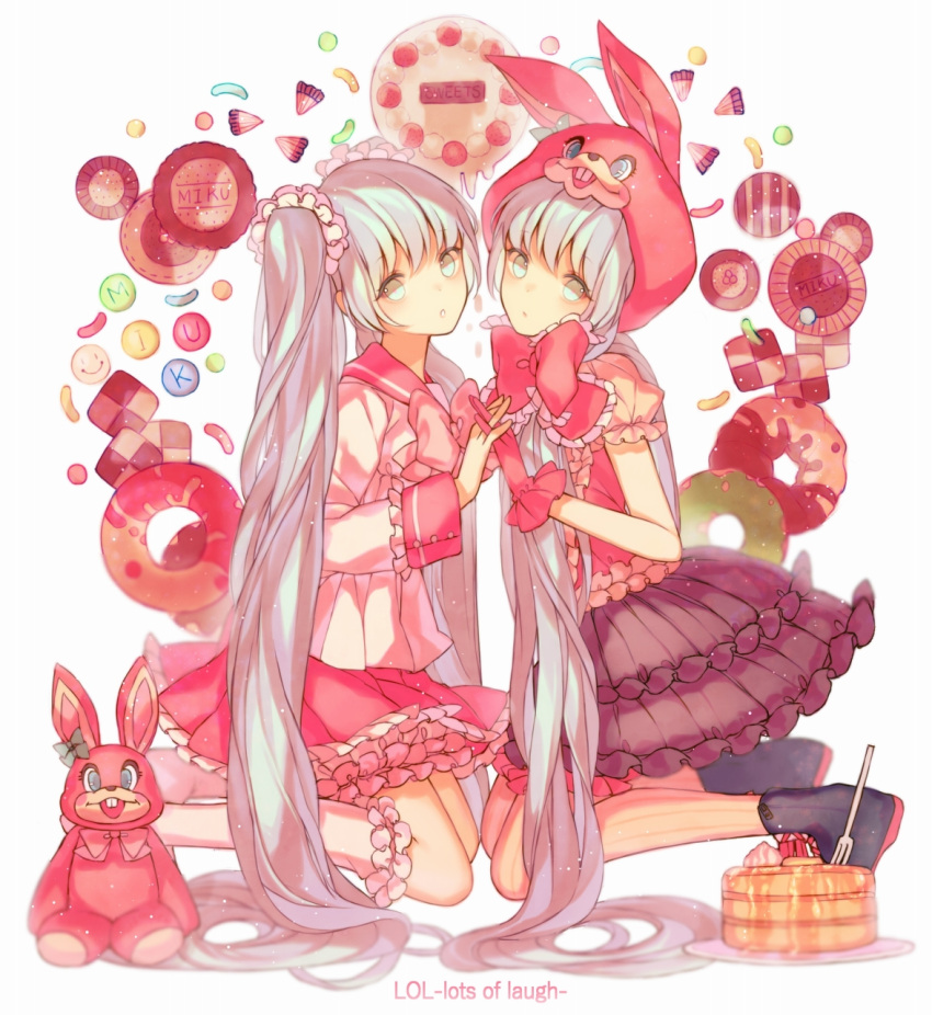 2girls, animal_hood, bangs, black_skirt, bunny_hood, candy, character_name, checkerboard_cookie